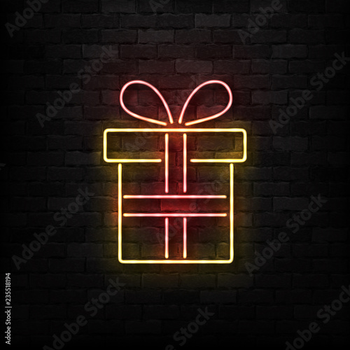 Vector realistic isolated neon sign of Gift logo for decoration on the wall background. Concept of Christmas present, bonus or reward.