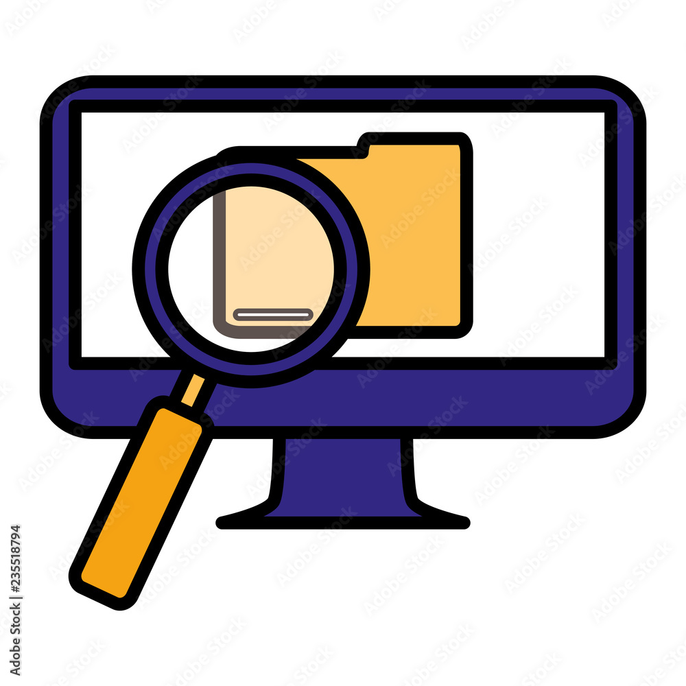 computer with documents and magnifying glass computer with documents and magnifying glass