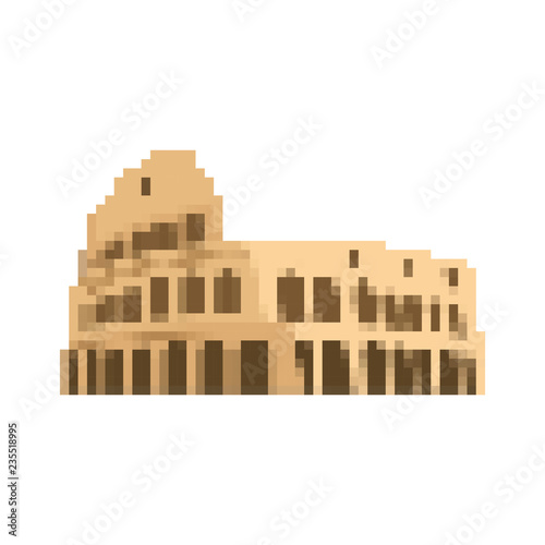 Coliseum pixel art. Rome landmark 8 bit. Italy showplace Pixelate 16bit. Old game computer graphics style