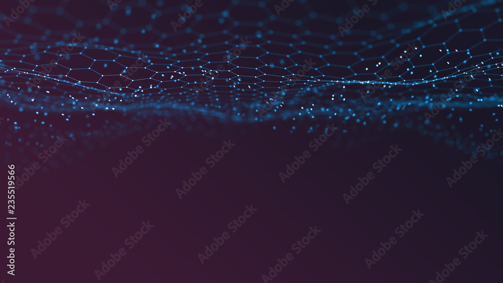 Abstract 3d technology and science neon visualization. Blockchain and cryptocurrency. Digital wallpaper. Business concept. Big data and artificial intelligence. Rendering computer virtual reality