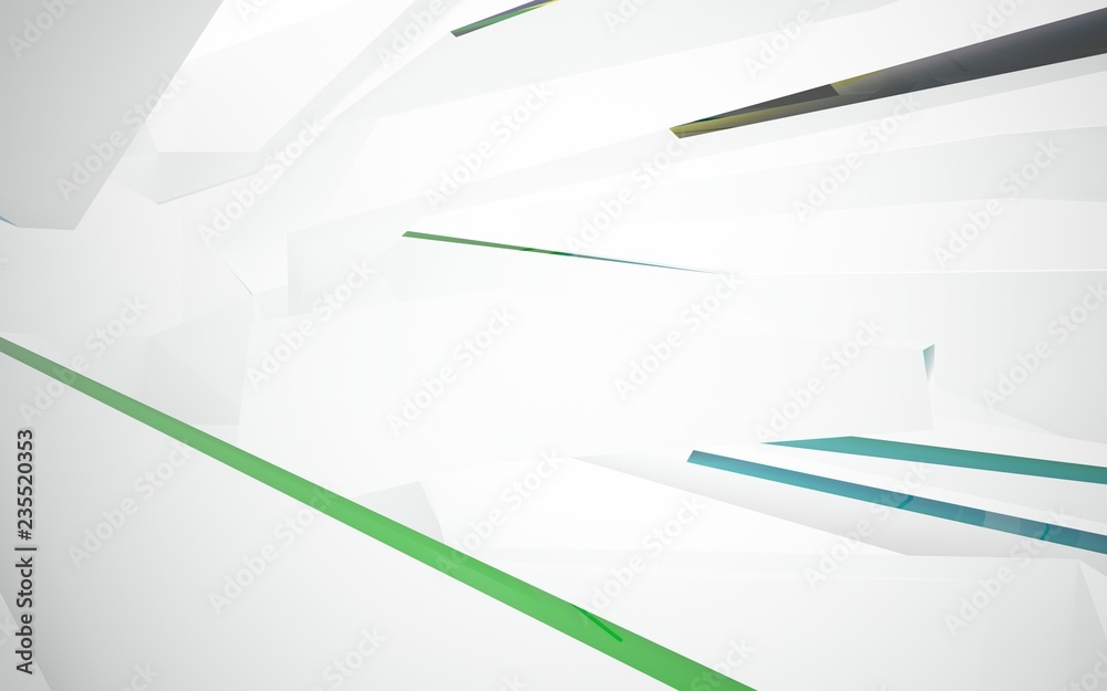 Naklejka premium Abstract white interior with colored gradient glossy lines. 3D illustration and rendering