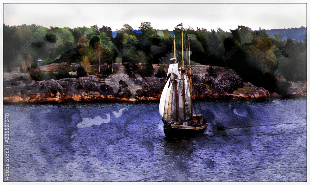 Sail ship. Photo in vintage image style