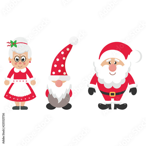 cartoon christmas dwarf and cartoon santa claus and cartoon mrs santa