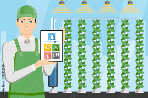 Farmer with digital tablet in greenhouse with vertical gardens. Smart farm with wireless control. Vector illustration.