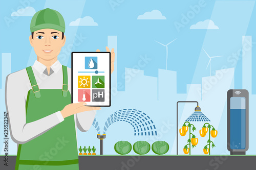 Farmer with tablet in a modern greenhouse. Internet of things in agriculture. Smart farm with wireless control. Vector illustration.