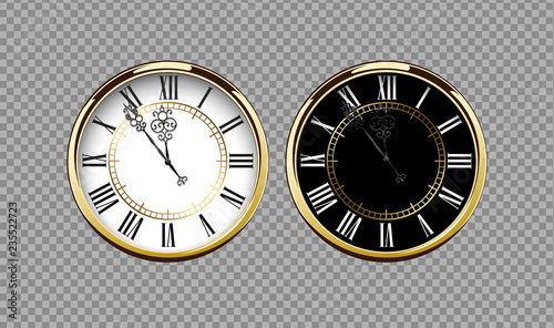 Vintage luxury golden wall clock with roman numbers isolated on transparent background. Realistic black and white round clock-face dial. Glossy gold frame ring. Time scale vector icon.