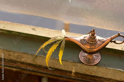 Cannabis leaf and lamp. Hookah. Rastomania. Top view.