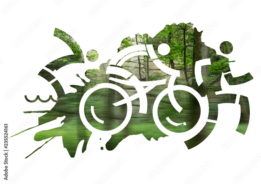 Obraz premium Triathlon Racers in the wild. Blurred photo of a forest set in a stylized illustration of a triathlon race.
