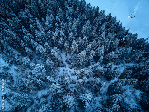 Aerial view from above of winter forest covered with snow. Fir tree forest top view. Lonely hermit house with warm glowing light from window on pine woods edge. Smoke from chimney. Solitude concept.