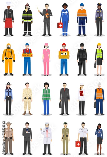 People occupation characters set in flat style isolated on white background. Different men and women professions characters standing together. Templates for infographic, sites, social networks. Vector