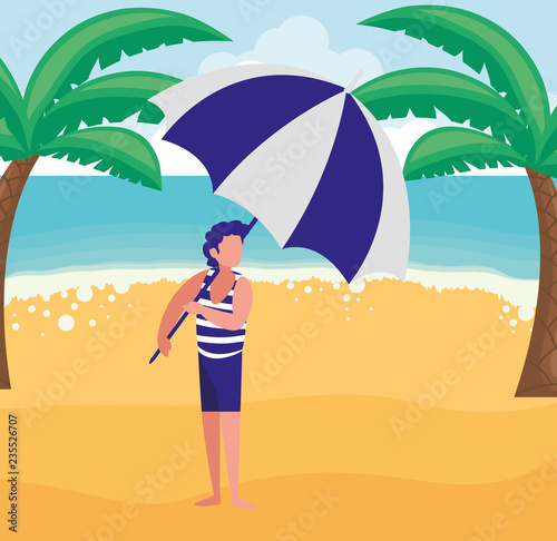 man with beach clothes and umbrella