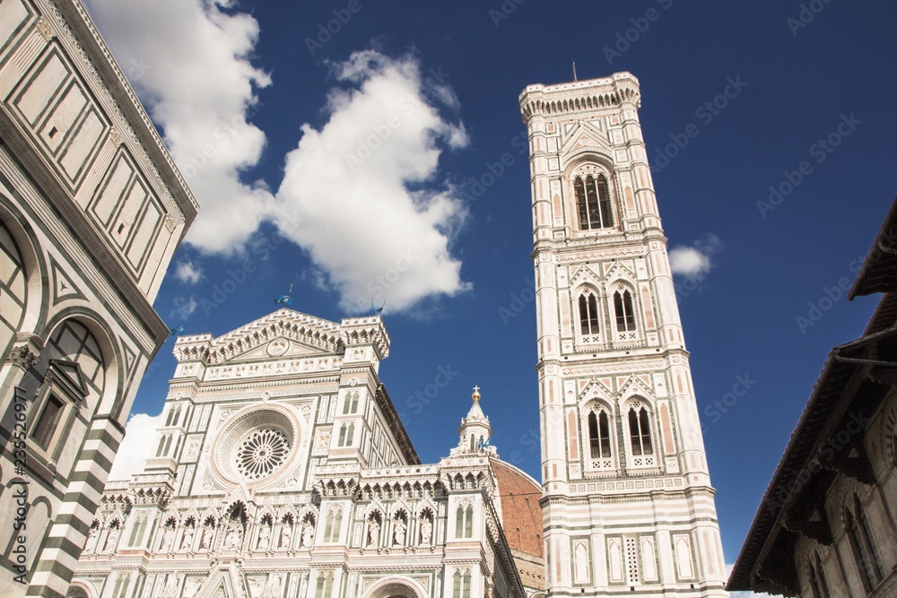 Basilica di Santa Maria del Fiore with Giotto campanile tower bell and Baptistery of San Giovanni. Florence, Italy.