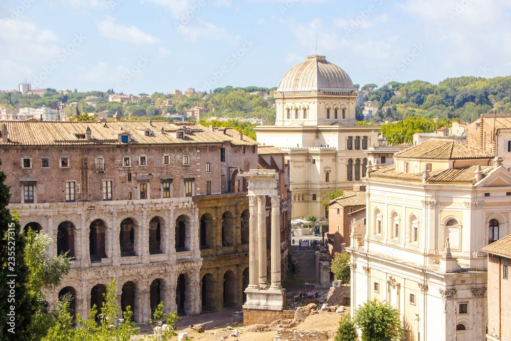 Architectures and landmarks of Rome, city view from Capitoline Hill. Ruins of Theatre of Marcellus (Teatro di Marcello) and Great Synagogue of Rome. Italy.