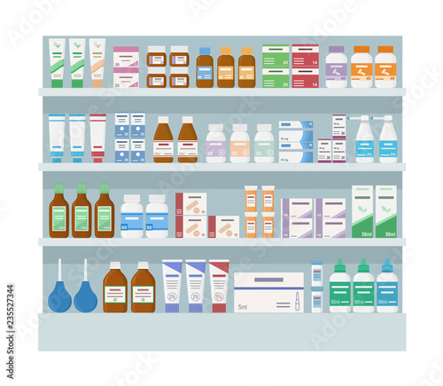 Pharmacy shelves with medicines. Large rack isolated on white background. Concept of pharmaceutics and medication. Vector illustration. 