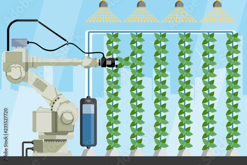 Robotic arm in greenhouse with vertical gardens. Smart farm with wireless control. Vector illustration.