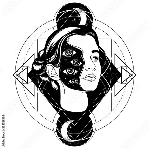 Vector hand drawn surrealistic  illustration of pretty girl . Tattoo artwork.  Template for card, poster, banner, print for t-shirt, badge and pin.