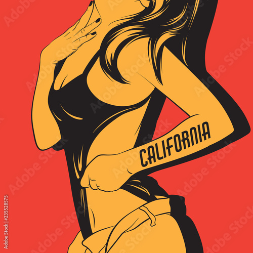 Vector hand drawn illustration of woman in swimsuit isolated. Template for card, poster, banner, print for t-shirt.