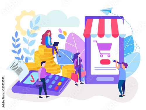 Nfc technology, mobile app, online shopping and payment terminal POS. Сontactless payment. Vector illustration for social media, banners, posters