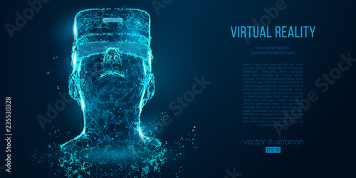 VR headset holographic projection virtual reality glasses, helmet. Low poly wire outline geometric vector illustration. Particles, lines and triangles on blue background. Neon light.