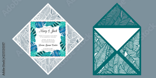 Laser cut square four fold card with patterned corners, Template for wedding invitation card with tropical pattern of banana leaves. Suitable for greeting cards, invitations, menus.