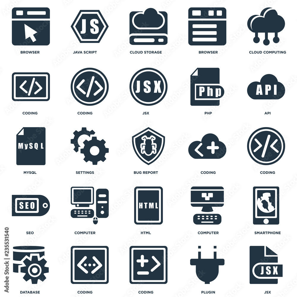 Elements Such As Jsx, Plugin, Coding, Database, Api, Html, Seo, Cloud storage, Java script icon vector illustration on white background. Universal 25 icons set.