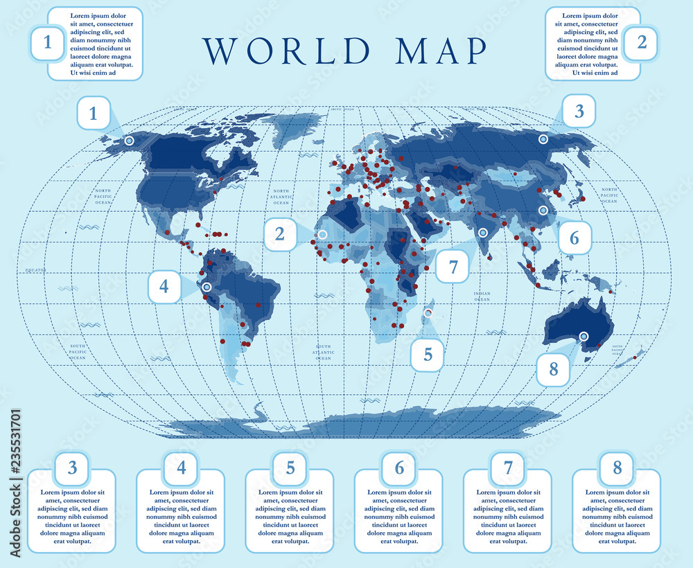 Simplified small scale political world map with major capitals. Flat design with grid, label and 