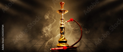 Hookah on a dark abstract background, smoke, fog, neon, concrete, rays photo