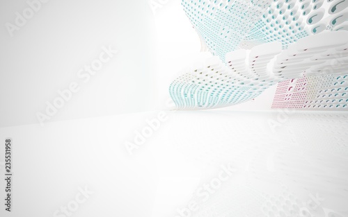 Abstract dynamic interior with white smooth objects and colored glass lines. 3D illustration and rendering