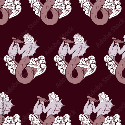 Vector pattern with  hand drawn illustration of triton in realistic line style. Mythology artwork. Template for card poster bannerprint for t-shirt.