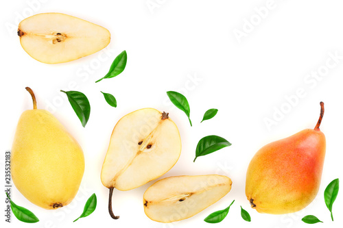 ripe red yellow pear fruits with leaves isolated on white background with copy space for your text. Top view. Flat lay pattern