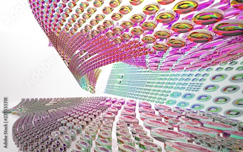 abstract architectural interior with colored smooth glass sculpture. 3D illustration and rendering