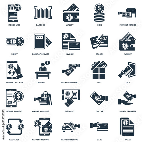 Elements Such As Taxes, Tap, Wallet, Barcode, Exchange, Point of service, Dollar, Payment method icon vector illustration on white background. Universal 25 icons set.