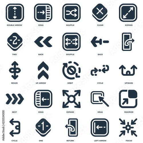 Elements Such As Focus, Left arrow, Return, One, Cycle, , Expand, Next, Two, Shuffle, Drag icon vector illustration on white background. Universal 25 icons set.