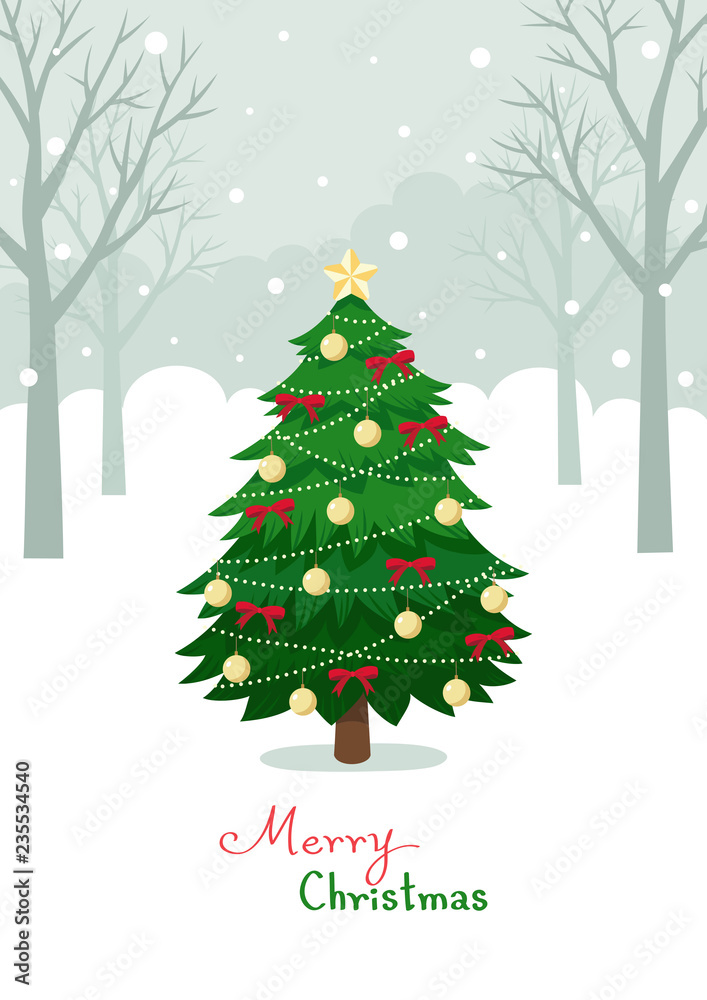 Christmas tree on winter forest background