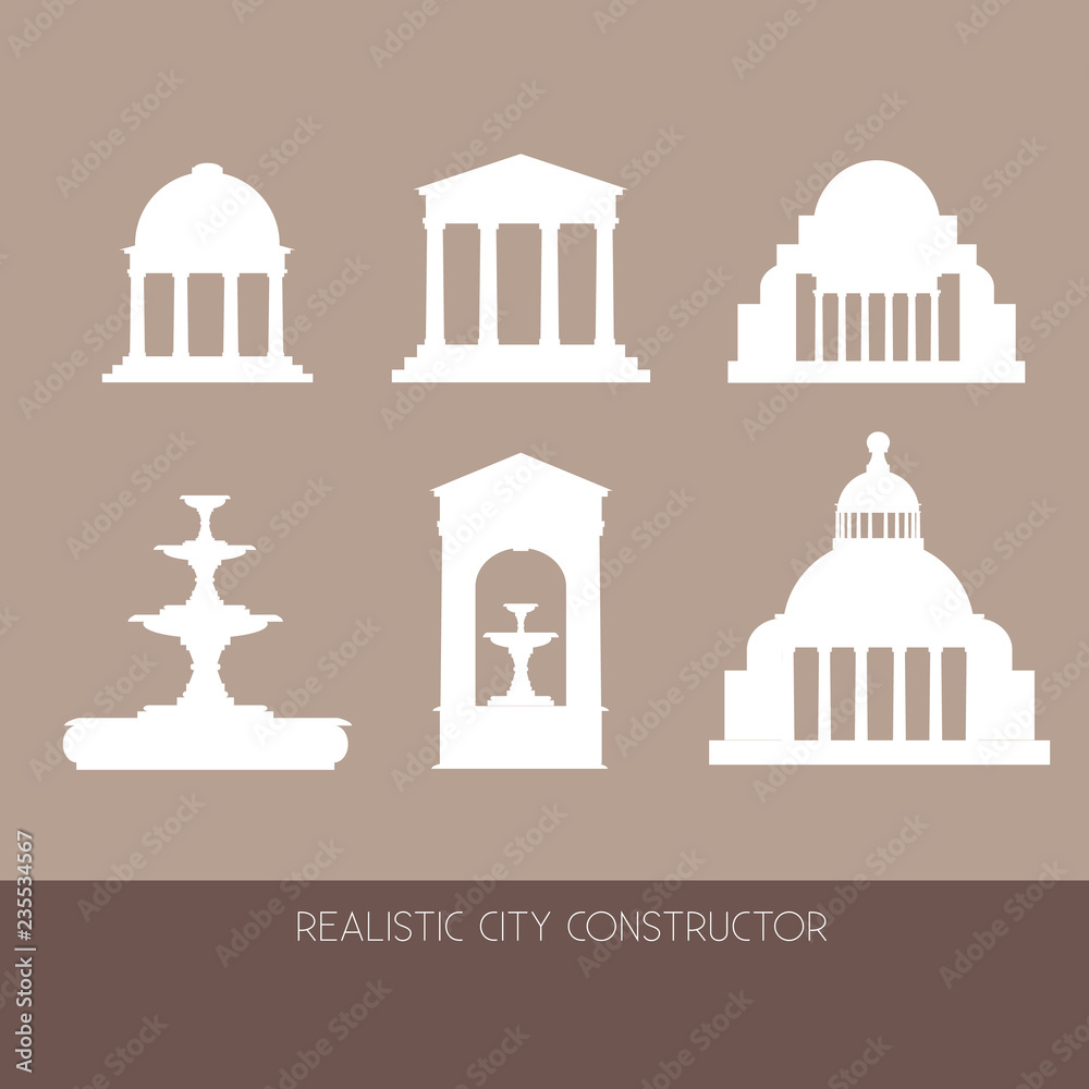 Classical Architectural collection made in vector. Illustration of fountain, mansion, temple, alcove facade made in realistic style. Template for business card, banner