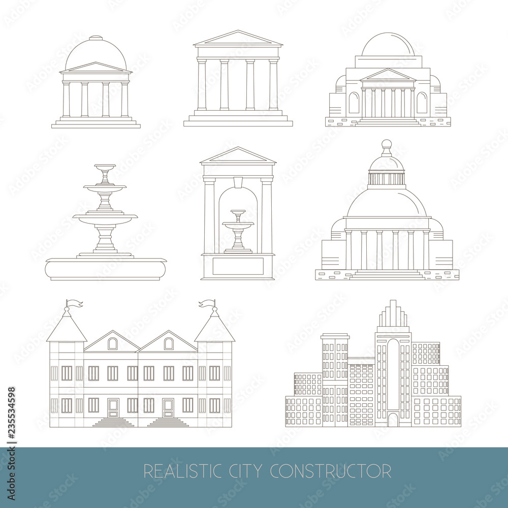 City constructor made in vector. Illustration of fountain, mansion, temple, alcove, skyscraper facade made in realistic style. Template for business card, banner