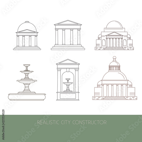 Classical Architectural collection made in vector. Illustration of fountain, mansion, temple, alcove facade made in realistic style. Template for business card, banner