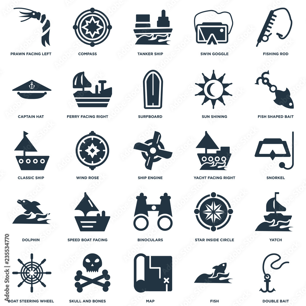 Elements Such As Fishing rod, Fish, Fish Shaped Bait, Skull and bones, Boat Steering Wheel, Yatch, Wind rose icon vector illustration on white background. Universal 25 icons set. Elements Such As Fishing rod, Fish, Fish Shaped Bait, Skull and bones, Boat Steering Wheel, Yatch, Wind rose icon vector illustration on white background. Universal 25 icons set.