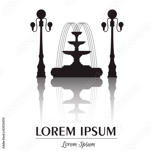 Vector illustration of classical fountain and lanterns isolated with place for your text. Vector template for business card and banner.