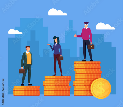 Business people office workers standing on different stack golden coins. Salary income difference concept. Vector flat cartoon graphic design isolated illustration