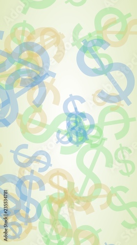 Multicolored translucent dollar signs on white background. Vertical image orientation. 3D illustration