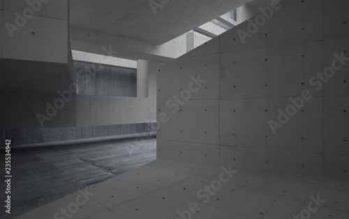 Abstract interior of glass and concrete. Architectural background. 3D illustration and rendering 