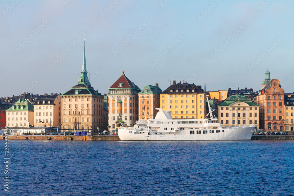 Scenic waterfront panorama of the Old Town Gamls Stan in Stockholm, Sweden