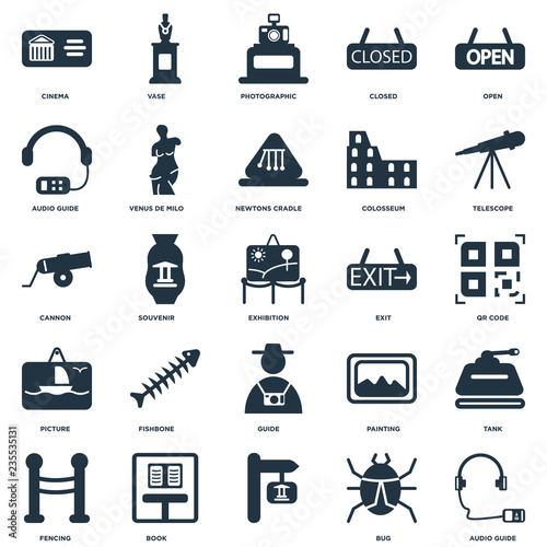 Elements Such As Audio guide, Bug, , Book, Fencing, Telescope, Exit, Guide, Picture, Photographic, Vase icon vector illustration on white background. Universal 25 icons set.
