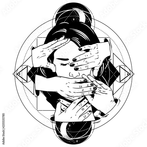 Vector hand drawn illustration of head with hands. Creative tattoo artwork. Template for card, poster, banner, print for t-shirt.