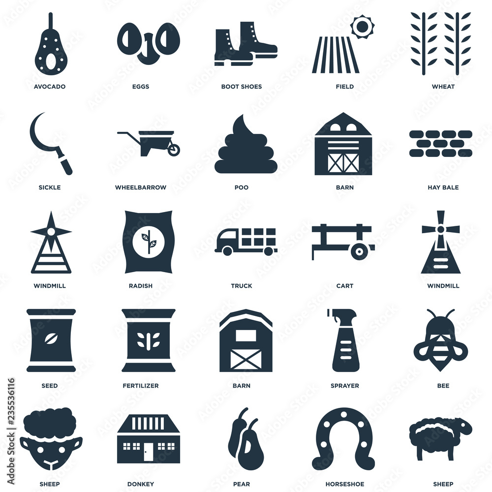 Elements Such As Sheep, Horseshoe, Pear, Donkey, Hay bale, Cart, Barn, Seed, Sickle, Boot shoes, Eggs icon vector illustration on white background. Universal 25 icons set. Elements Such As Sheep, Horseshoe, Pear, Donkey, Hay bale, Cart, Barn, Seed, Sickle, Boot shoes, Eggs icon vector illustration on white background. Universal 25 icons set.