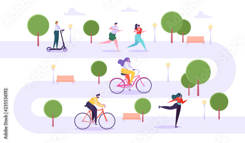 Leisure Outdoor Activities Concept. Active Characters Running in Park, Man and Woman Riding Bicycle, Girl Roller Skating, Guy on Kick Scooter. Vector Illustration
