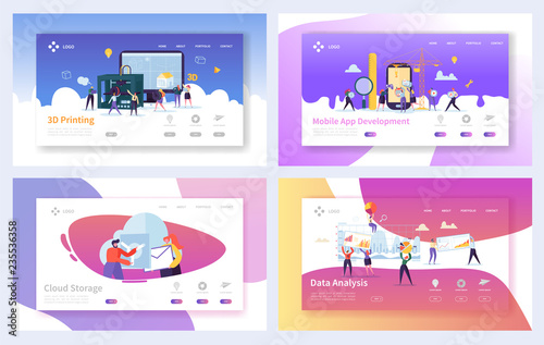 Modern Technology Landing Page Template Set. Business People Characters Mobile App Development, Cloud Storage, Data Analysis Concept for Website or Web Page. Vector illustration
