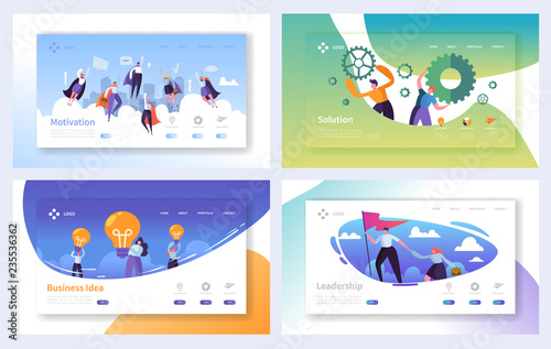 Business Landing Page Template Set. Business People Characters Team Working, Solution, Leadership, Creative Idea Concept for Website or Web Page. Vector illustration