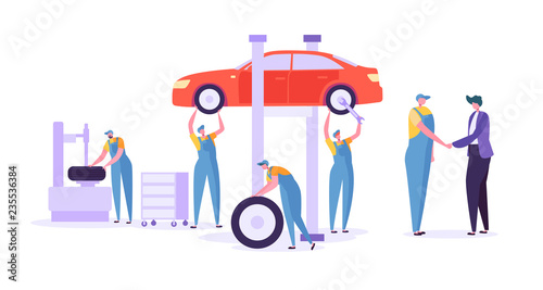 Car Repair Auto Service. Professional Mechanic Characters in Uniform Changing Tyres. Automobile technical maintenance concept. Vector illustration